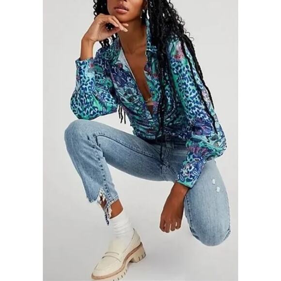 Free People Bianca Printed Blouse Long Sleeve Button Up Jade Combo Size Medium - Picture 11 of 11